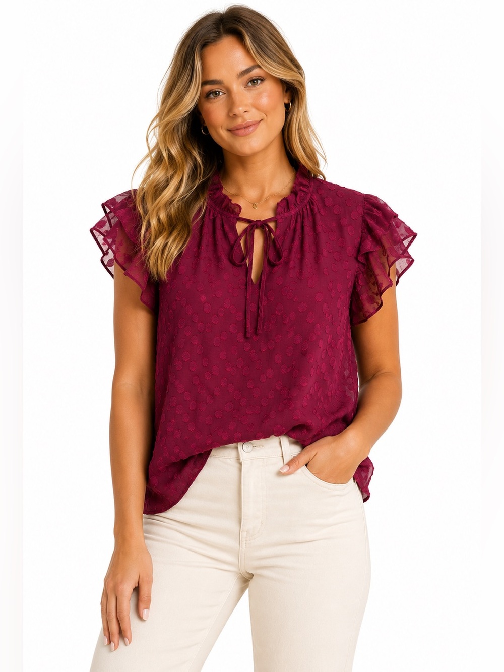 Anne Klein Burgundy Swiss Dot Ruffle‎ Sleeve Tie Neck Blouse Size Large Romantic